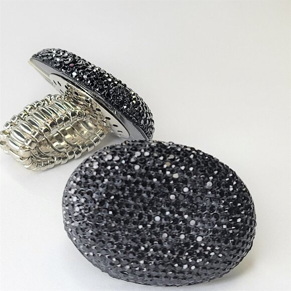 SILVER Grey Fashion Ring Oval Large Rhinestone Sparkly Bling Stretch Band Ring - Picture 6 of 12